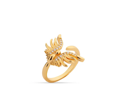 Ring mit Engelsflügeln und funkelnden Steinen
